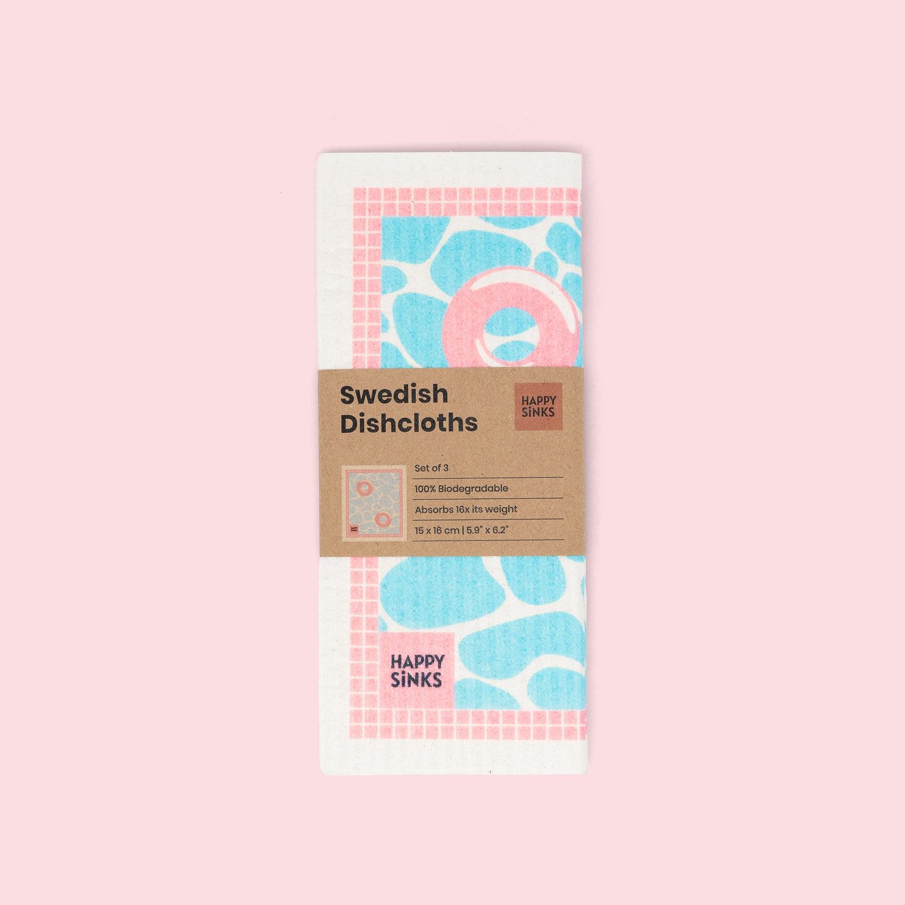 Eco-friendly Swedish dishcloth with pink and blue design by HAPPY SiNKS.