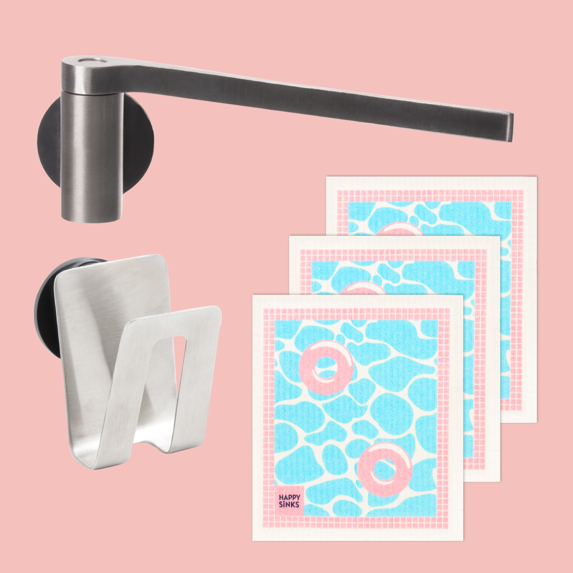 Happy Steel Sink Set –  Dish Cloth Holder, Sponge Holder & Dish Cloths