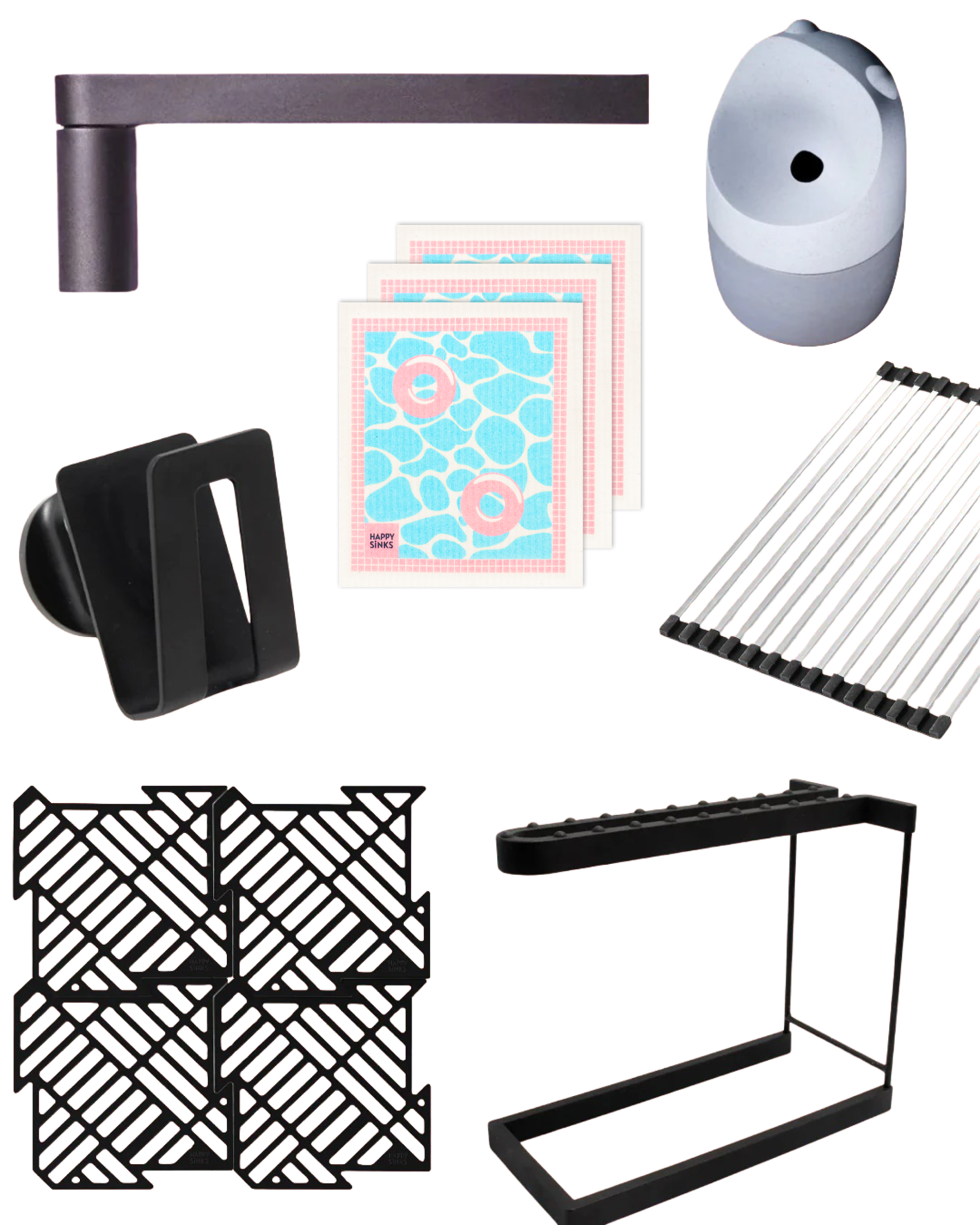 Biocomposite kitchen organizer set with holders, racks, mats and Swedish dishcloths.